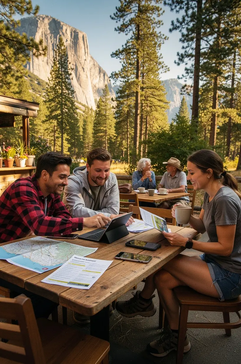 Traveler consulting a digital road trip planner on a tablet with national parks itinerary details.